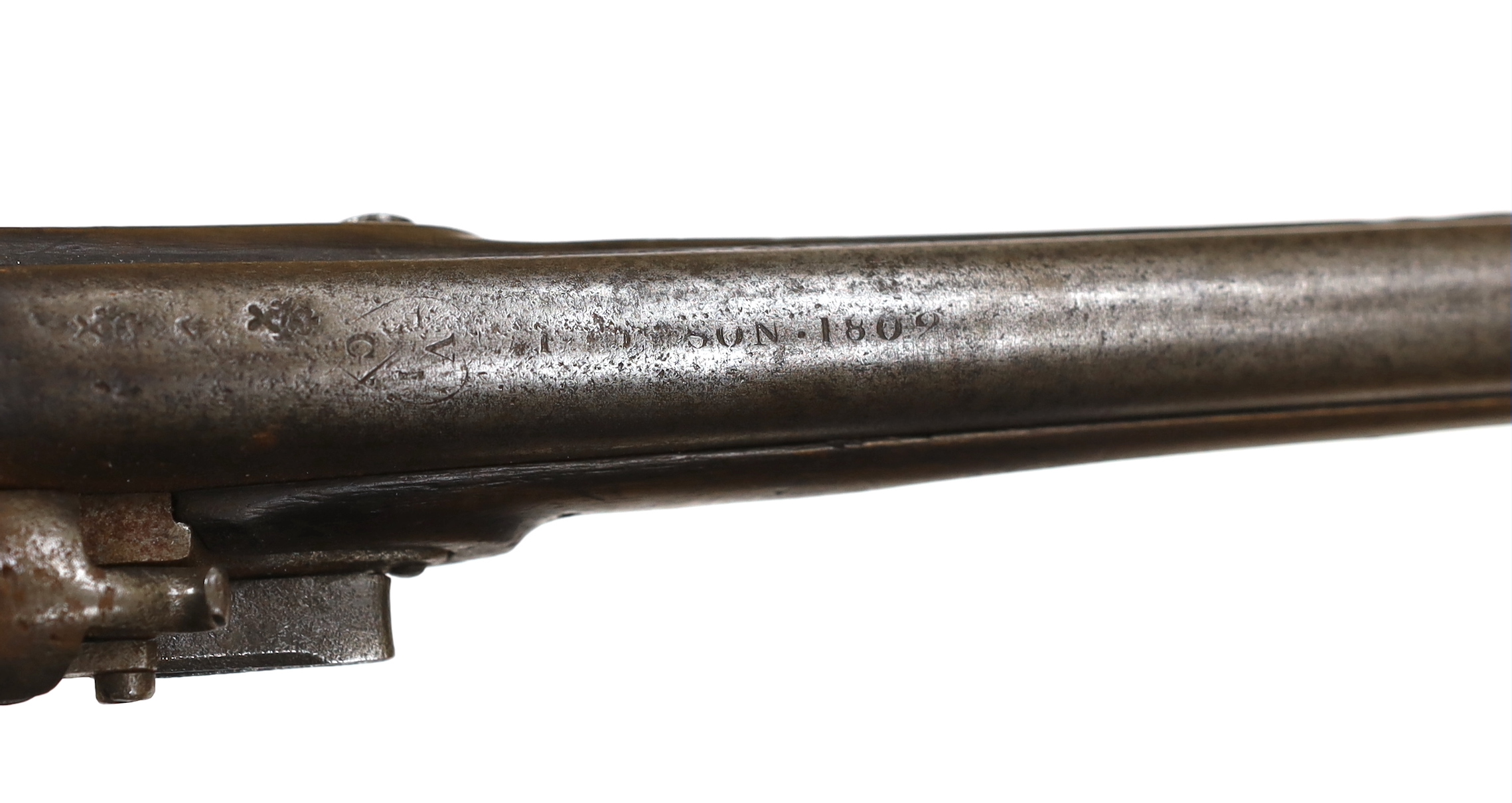 A 16 bore in East India company, Flintlock holster, pistol, barrel, engrave with EIC heart mark and makers name, dated 1802 lock plate also engraved 1802, VEIC with regulation brass mounts reconverted from percussion